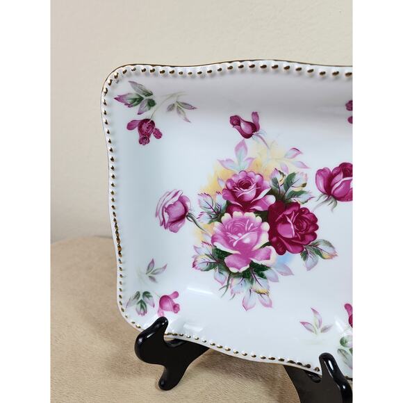 Square Bowl Floral Design Pink Roses 8 1/4" Porcelain Gold Trim Japan Vintage - Picture 3 of 10